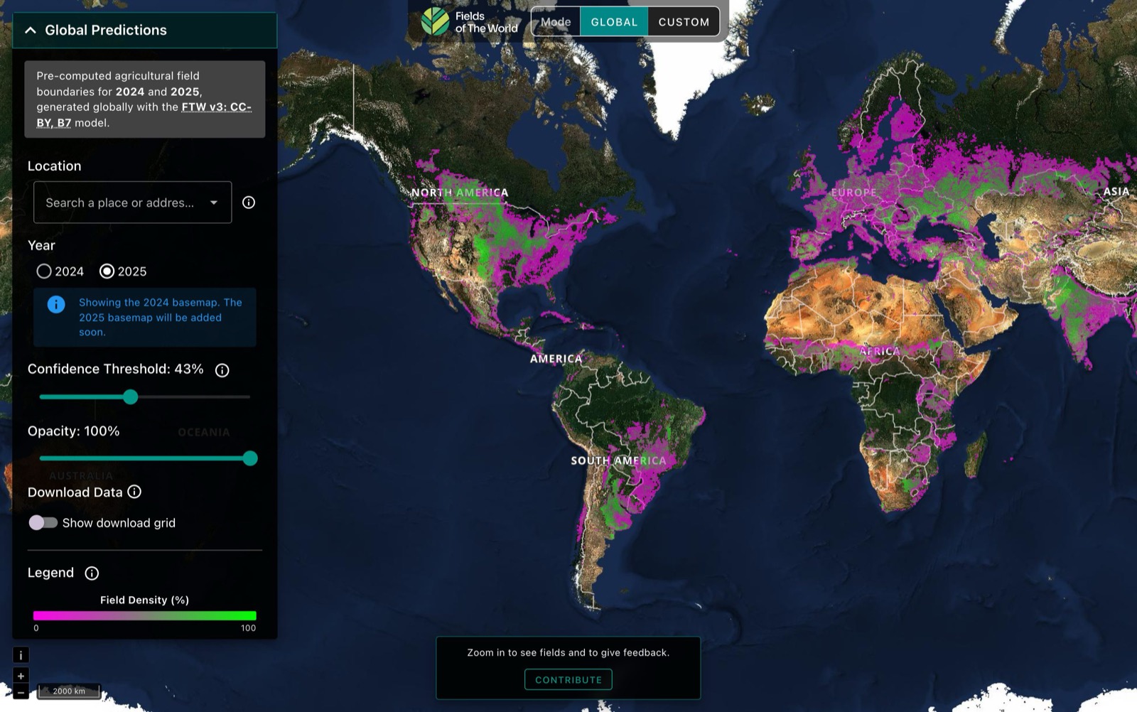 Fields of The World Explorer showing global agricultural field boundary predictions on a world map