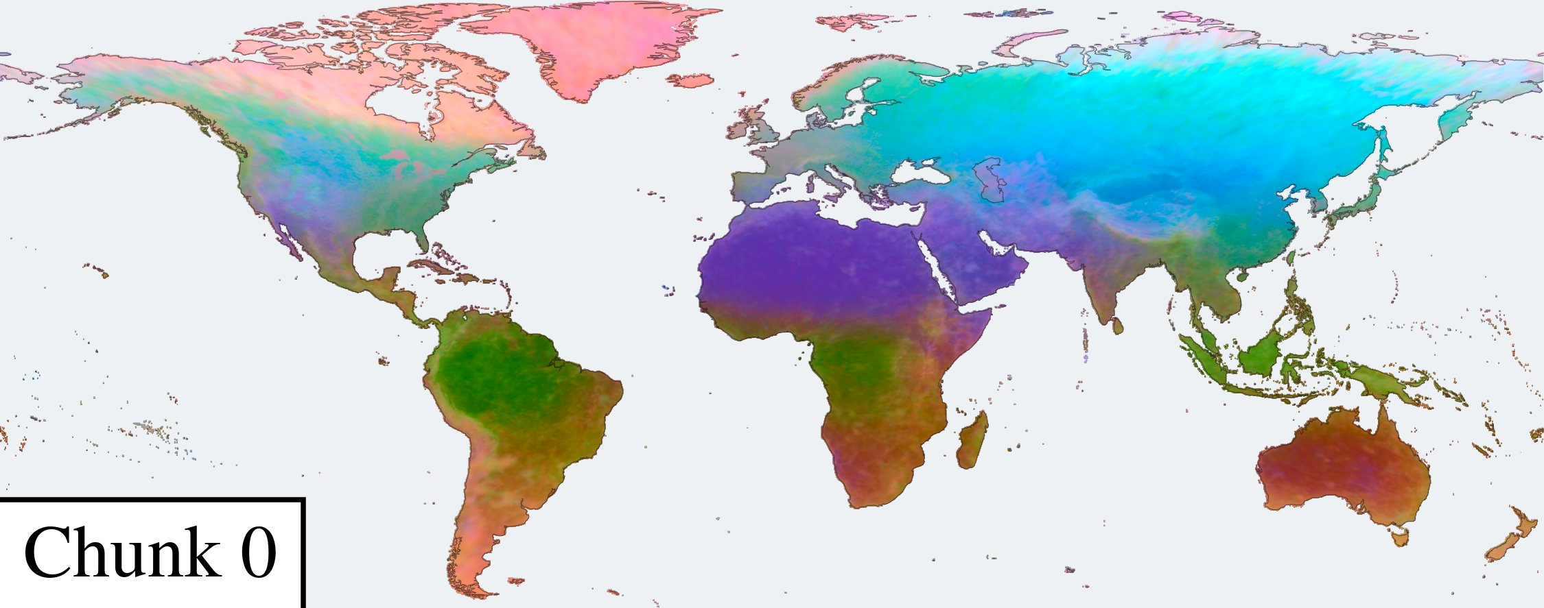 PCA color of the first 64-d chunk on a global grid: smooth continental-scale structure.