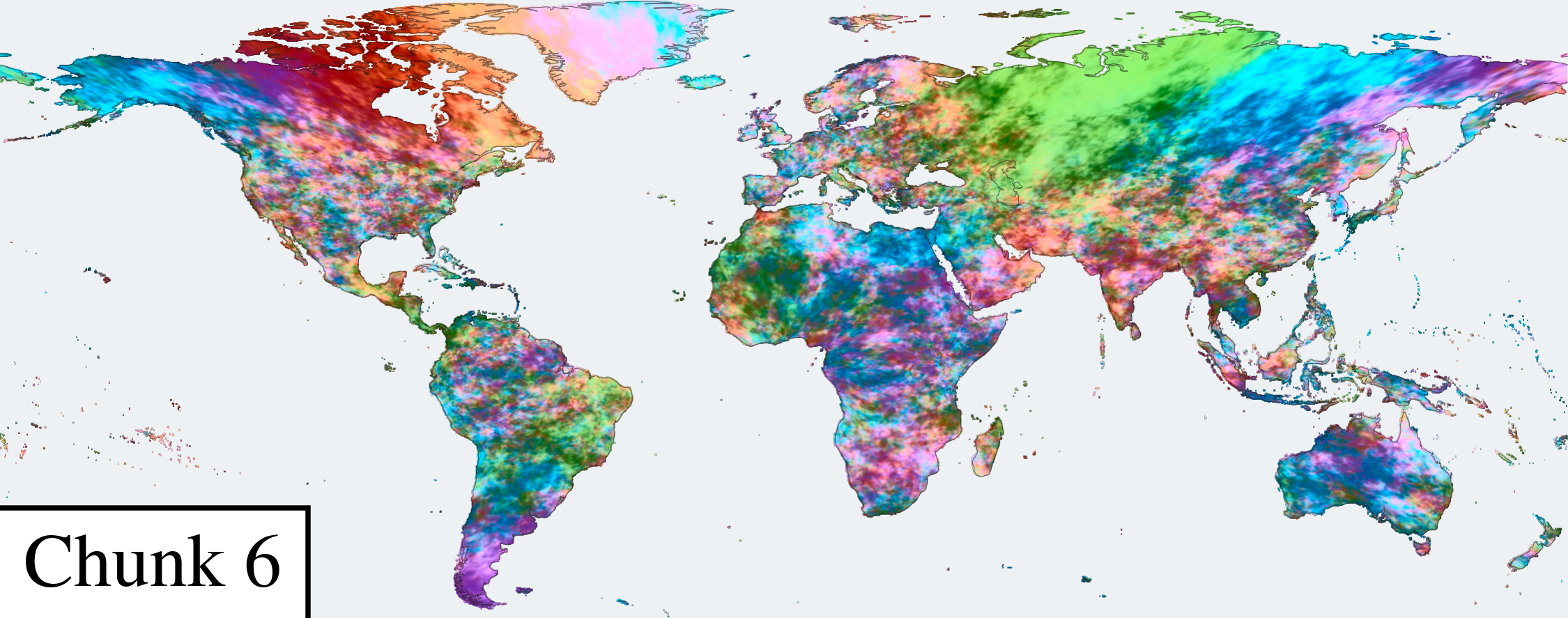 PCA color of the last 1024-d chunk (dimensions 2048–3071): variation within regions.