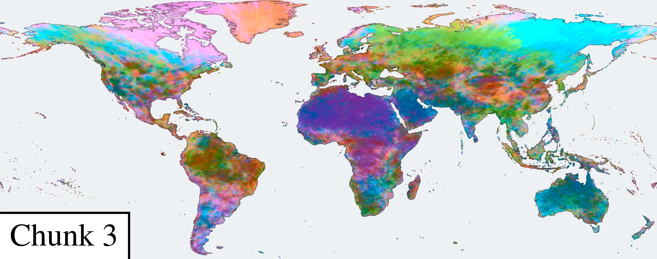 PCA color of the intermediate 256-d chunk (dimensions 256–511): coarser regional structure.